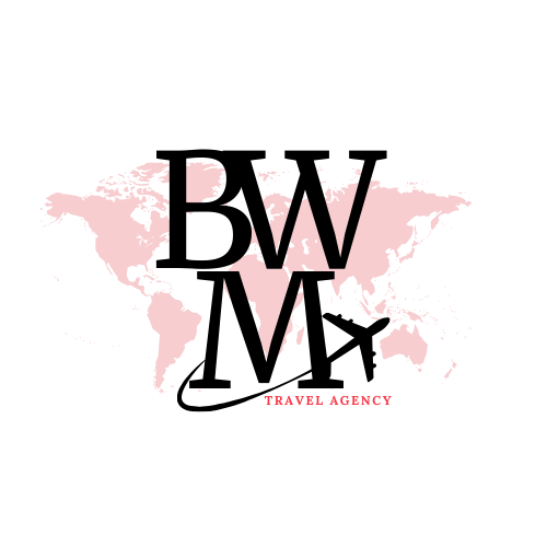 Bwm travel agency logo for vacation packages & destination weddings , pink map with large black letters spelling bwm with a plane circling above.
