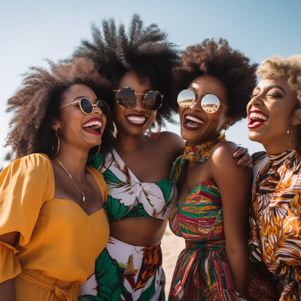 Girls group traveling with BWM Travel Agency 5 African American women smiling with sunglasses on on the beach. Group trips