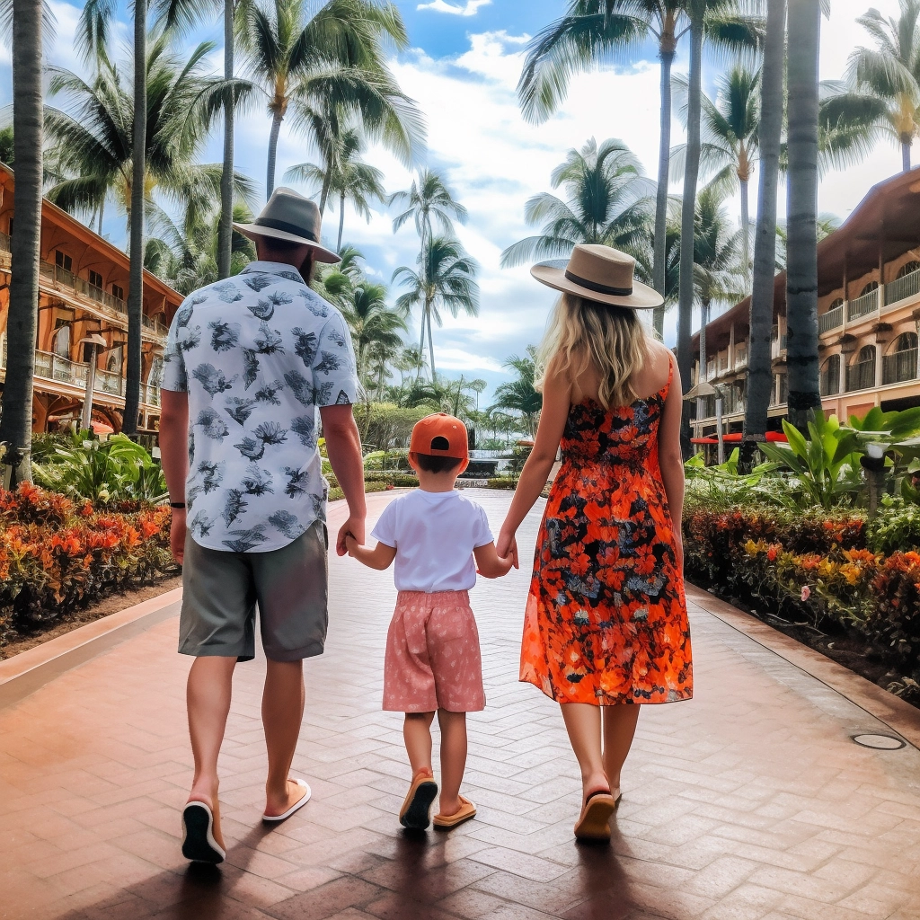 Family vacation photo edited by bwm travel agency, showing parents and child walking through the resort 