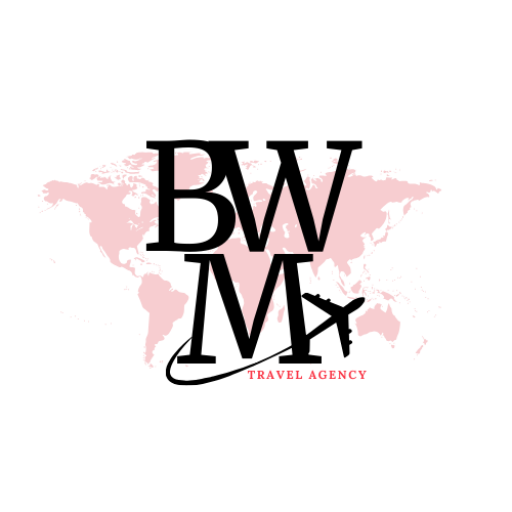 BWM travel agency Logo- Vacation Packages & Destination weddings pink map with large black letters spelling bwm with a plane circling above.