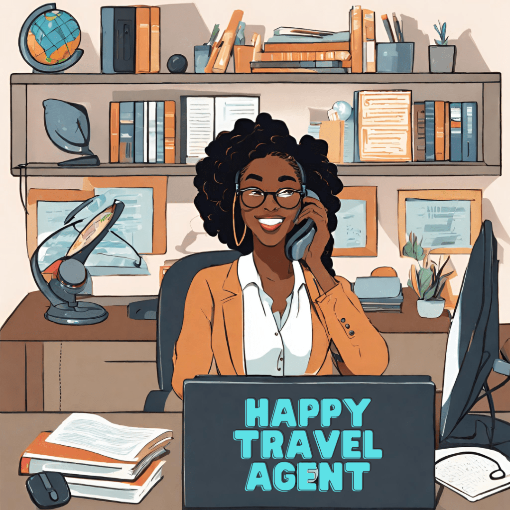 BWM Travel Agent happy to help a client animated black woman at desk with laptop and books on desk talking on phone