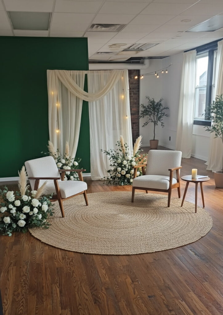 What is a an elopement package large text in green. In the back ground 2 chairs sit decorated for bride in groom for a small elopement ceremony in NJ
