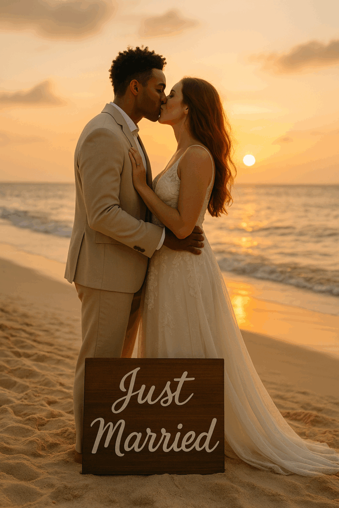 Destination wedding in Mexico Biracial Couple kissing at sunset with “Just Married” sign in sand.