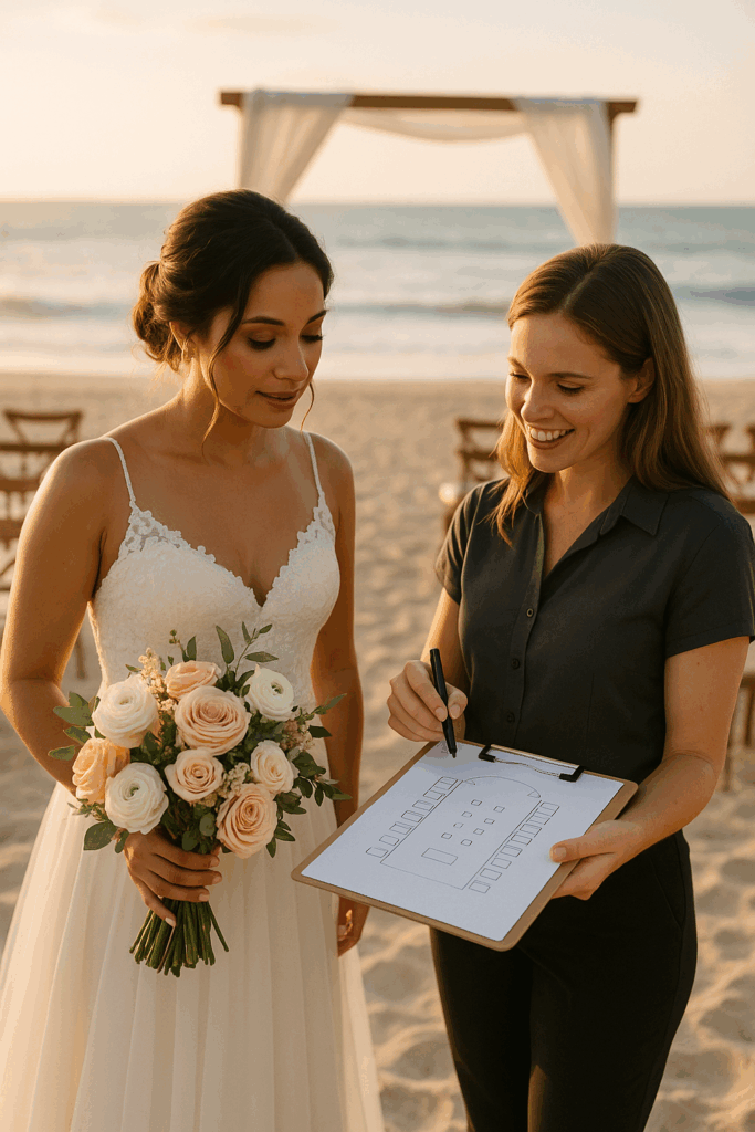Bride holding bouquet on beach with planner reviewing ceremony layout. During a destination wedding in Mexico