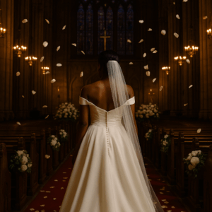 A bride in an off-the-shoulder white gown stands inside a dimly lit cathedral, facing the altar. Soft light filters through stained glass windows as flower petals fall gently around her, creating a romantic and reverent atmosphere.