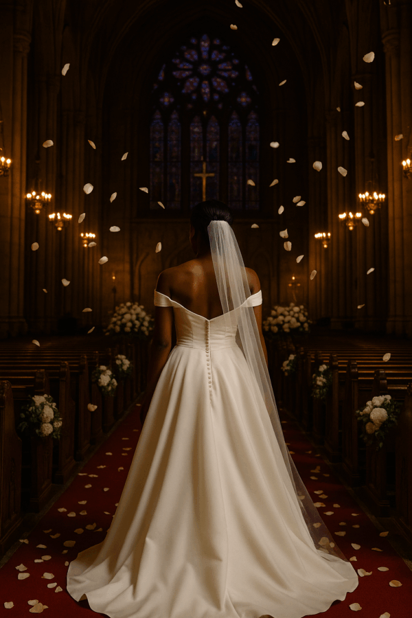 A bride in an off-the-shoulder white gown stands inside a dimly lit cathedral, facing the altar. Soft light filters through stained glass windows as flower petals fall gently around her, creating a romantic and reverent atmosphere.